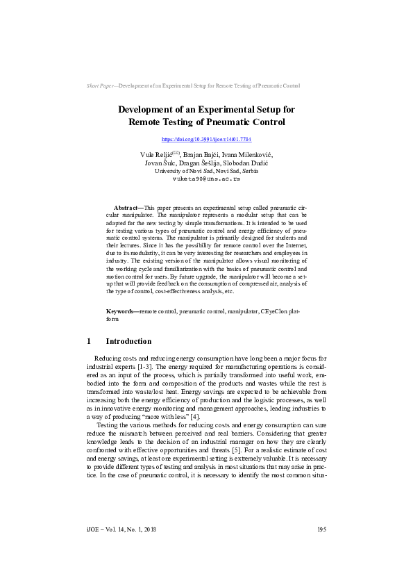 (PDF) Development of an Experimental Setup for Remote Testing Pneumatic ...