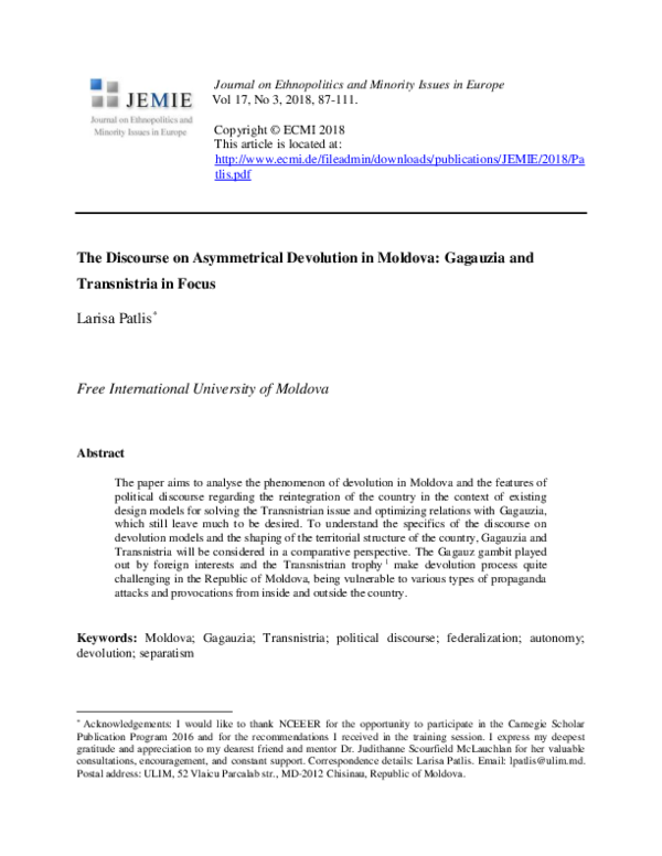(PDF) The Discourse on Asymmetrical Devolution in Moldova: Gagauzia and ...