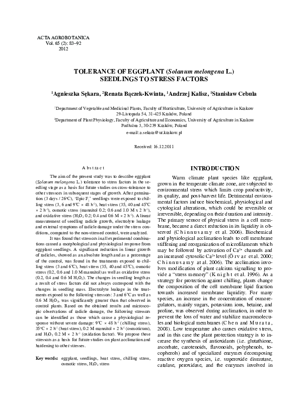 (PDF) Tolerance of eggplant (Solanum melongena L.) seedlings to stress