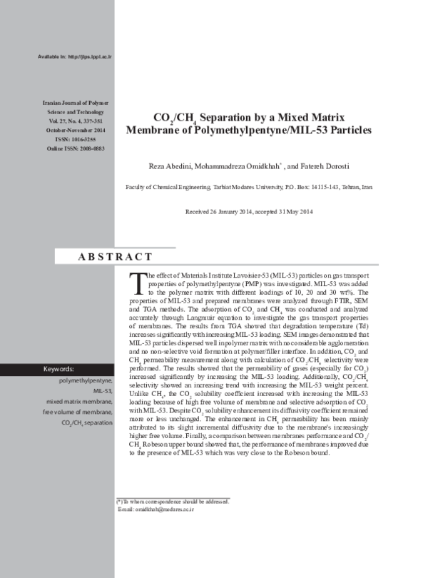 (PDF) CO2/CH4 Separation by a Mixed Matrix Membrane of ...