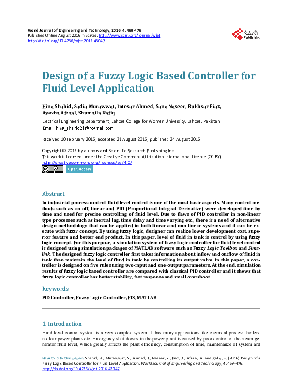 (PDF) Design of a Fuzzy Logic Based Controller for Fluid Level Application