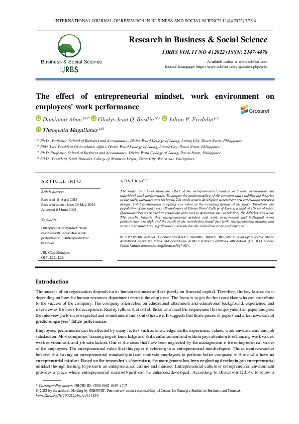 (PDF) The effect of entrepreneurial mindset, work environment on ...