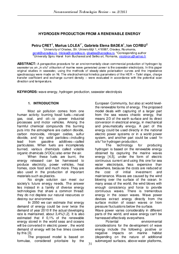 (PDF) Hydrogen Production from a Renewable Energy