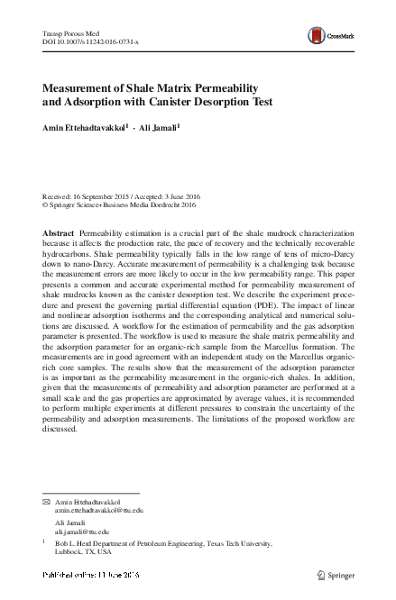 (PDF) Measurement of Shale Matrix Permeability and Adsorption with ...