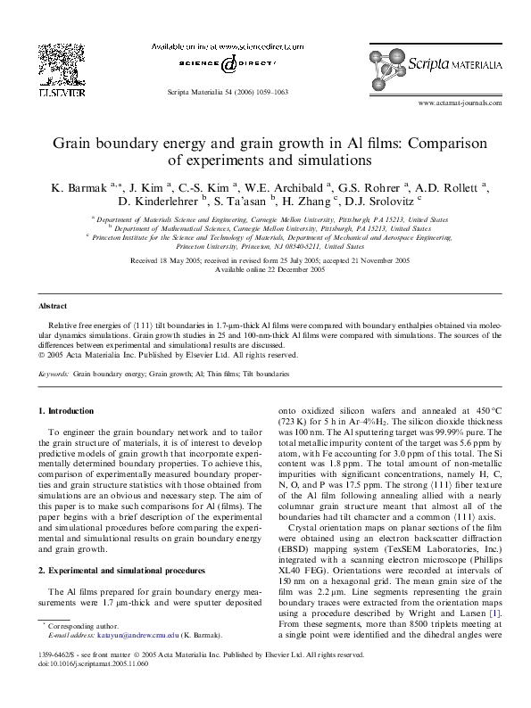 (PDF) Grain boundary energy and grain growth in Al films: Comparison of ...
