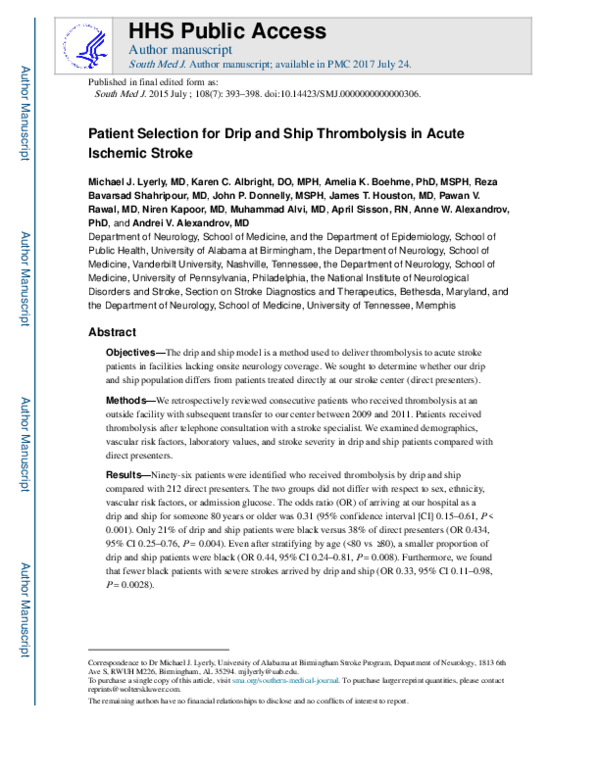 (PDF) Patient Selection for Drip and Ship Thrombolysis in Acute ...