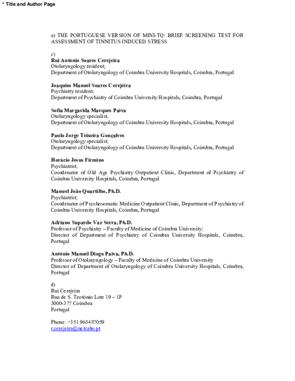 (PDF) The Portuguese Version of Mini-Tinnitus Questionnaire