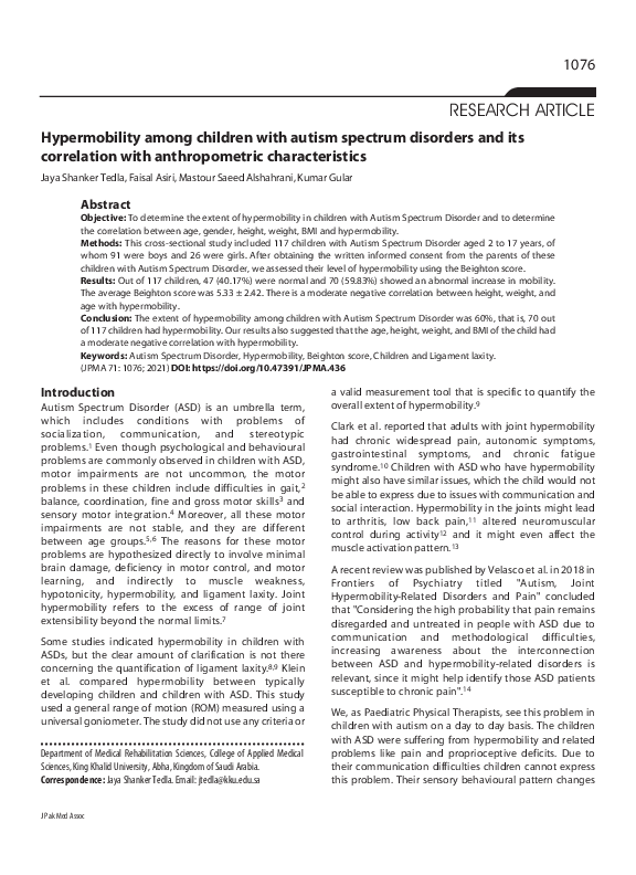(PDF) Hypermobility among children with autism spectrum disorders and ...