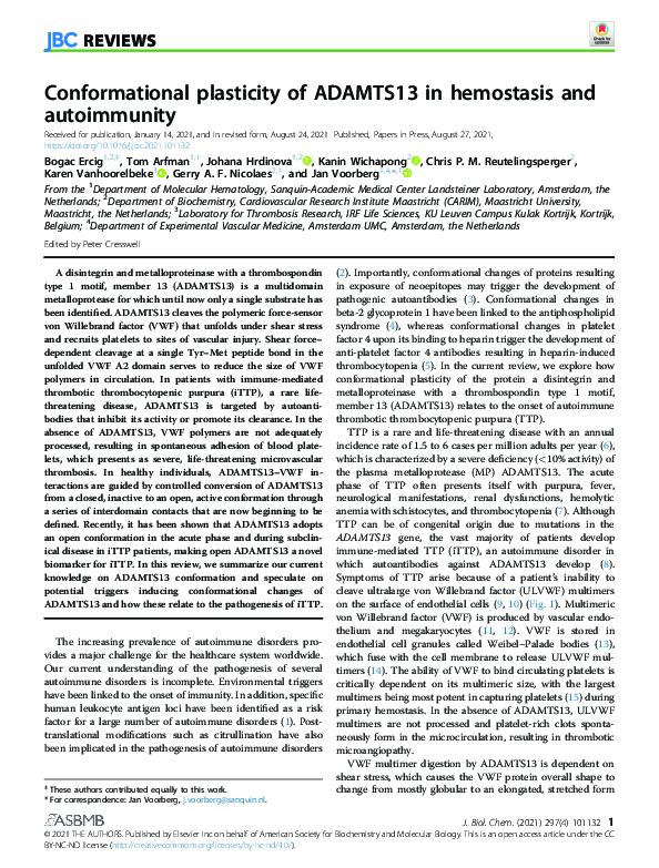 (PDF) Conformational plasticity of ADAMTS13 in hemostasis and autoimmunity