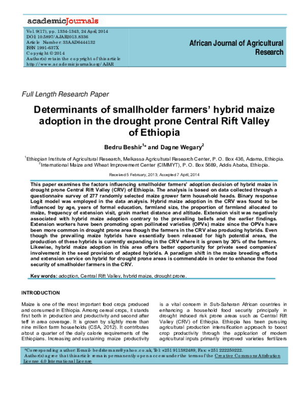 (PDF) Determinants of smallholder farmers' hybrid maize adoption in the ...