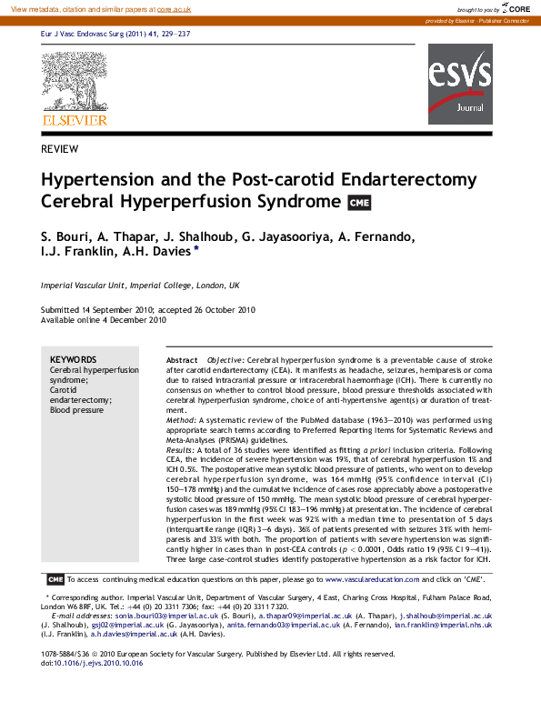(PDF) Hypertension and the Post-carotid Endarterectomy Cerebral ...