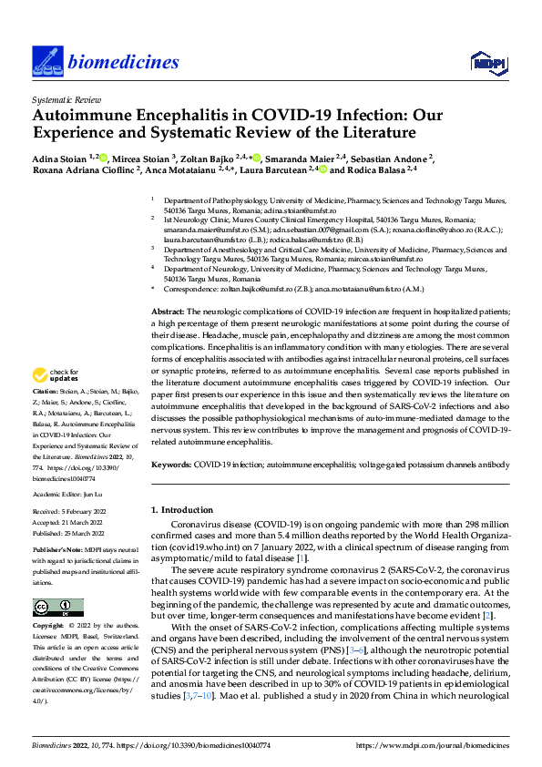  PDF Autoimmune Encephalitis In COVID 19 Infection Our Experience And Systematic Review Of The 
