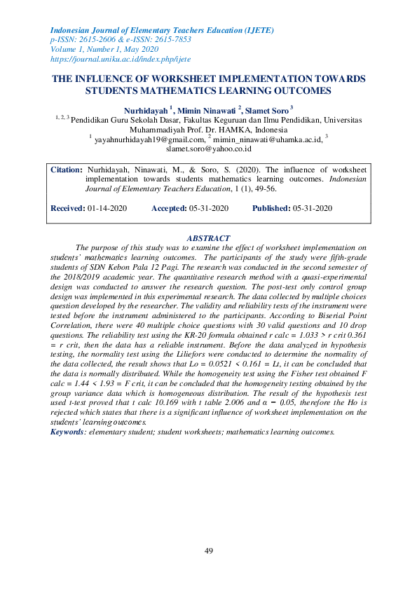(PDF) The Influence of Worksheet Implementation Towards Students ...
