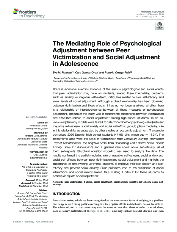(PDF) The Mediating Role of Psychological Adjustment between Peer ...