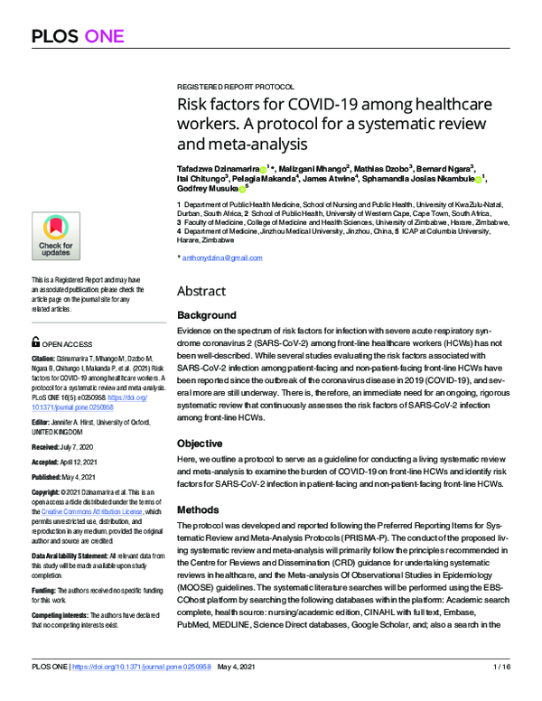 (PDF) Risk factors for COVID-19 among healthcare workers. A protocol ...