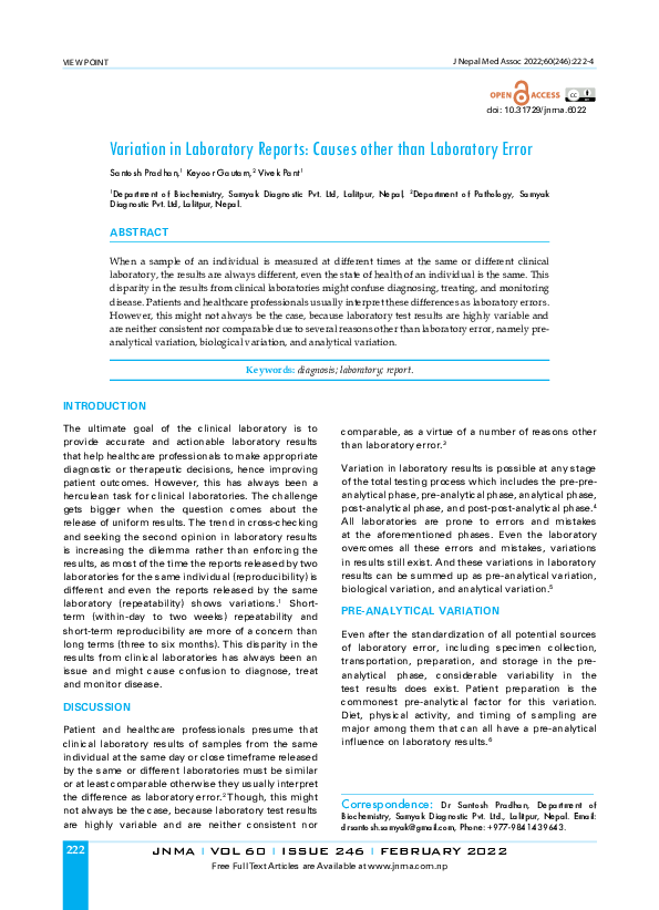 (PDF) Variation in Laboratory Reports: Causes other than Laboratory Error