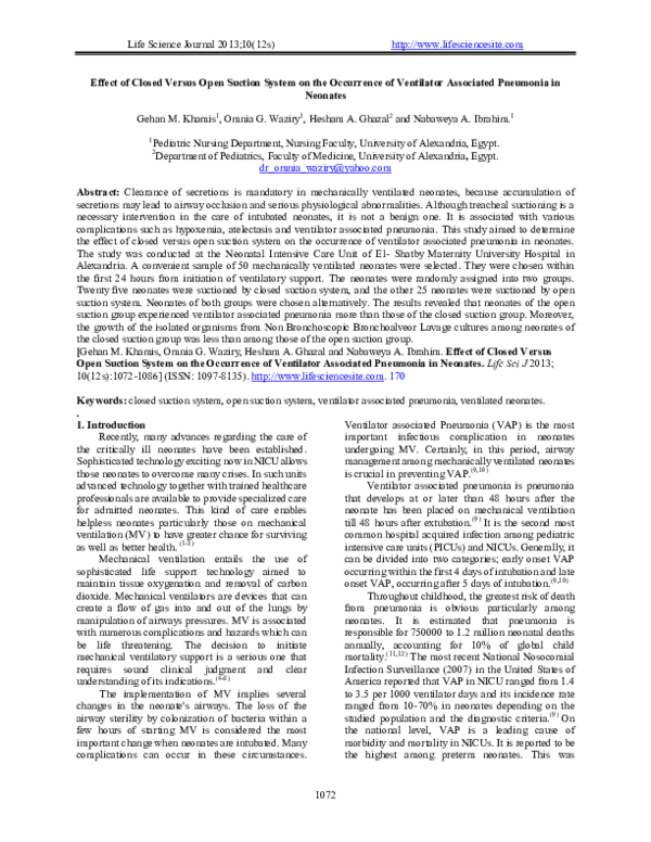 (PDF) Effect of Closed Versus Open Suction System on the Occurrence of