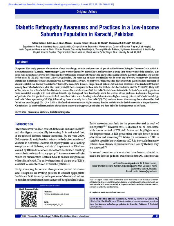(PDF) Diabetic retinopathy awareness and practices in a low-income ...