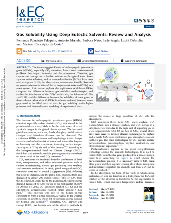 (PDF) Gas Solubility Using Deep Eutectic Solvents: Review and Analysis