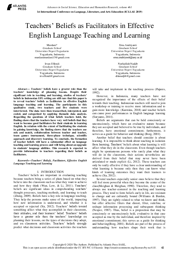 (PDF) Teachers’ Beliefs as Facilitators in Effective English Language ...