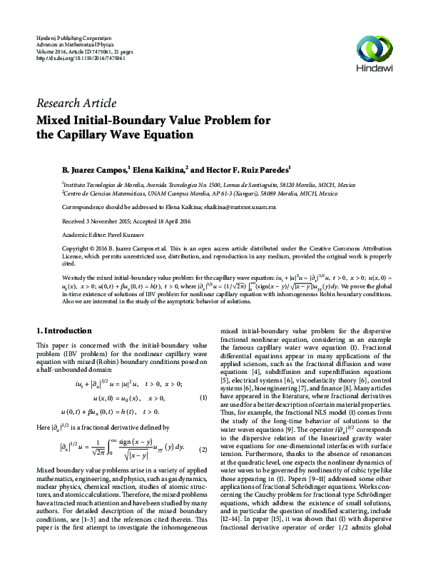 (PDF) Mixed Initial-Boundary Value Problem for the Capillary Wave Equation