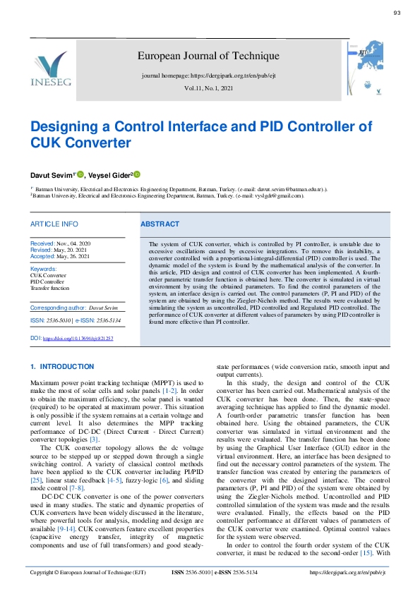 (PDF) Control Interface Design and Pid Control of the Cuk Converter