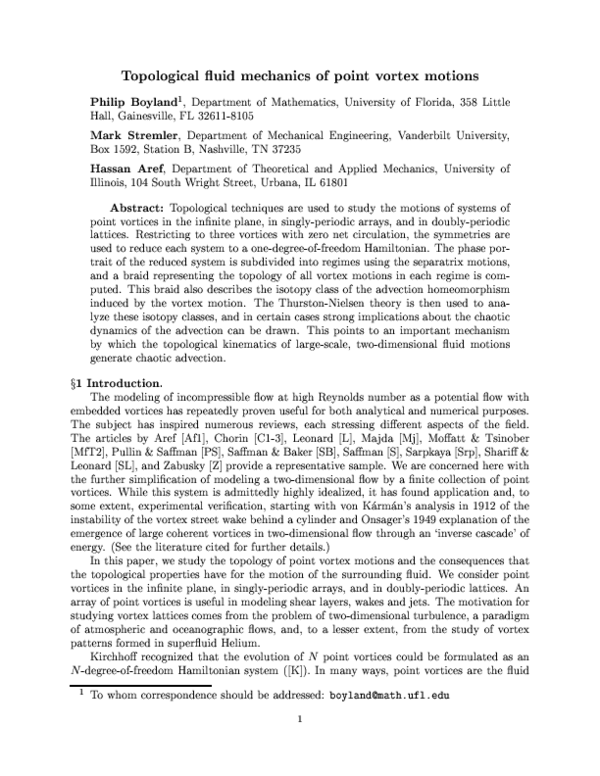 (PDF) Topological fluid mechanics of point vortex motions
