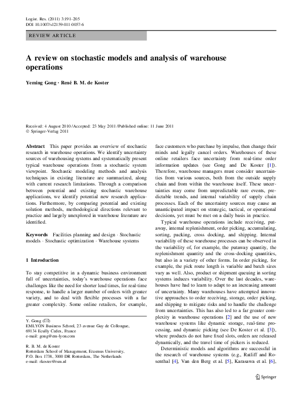 (PDF) A review on stochastic models and analysis of warehouse operations