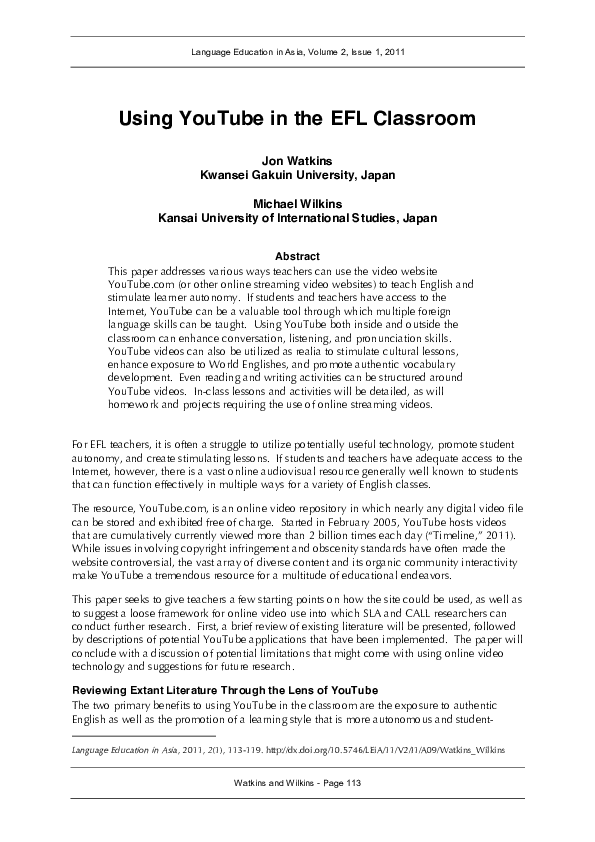 (PDF) Using YouTube in the EFL Classroom
