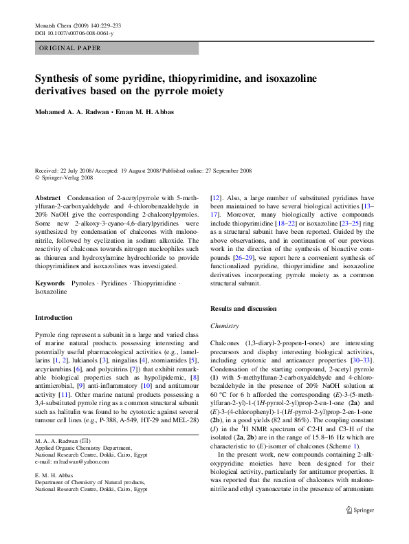 Synthesis of some pyridine, thiopyrimidine, and isoxazoline derivatives based on the pyrrole moiety