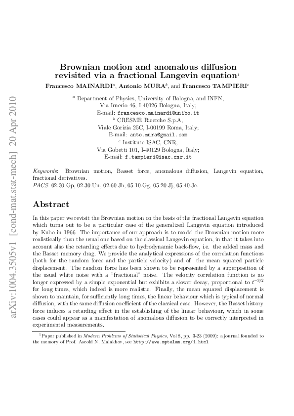 (PDF) Brownian Motion and Anomalous Diffusion Revisited via a ...