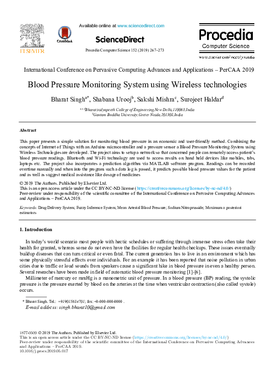 (PDF) Blood Pressure Monitoring System using Wireless technologies