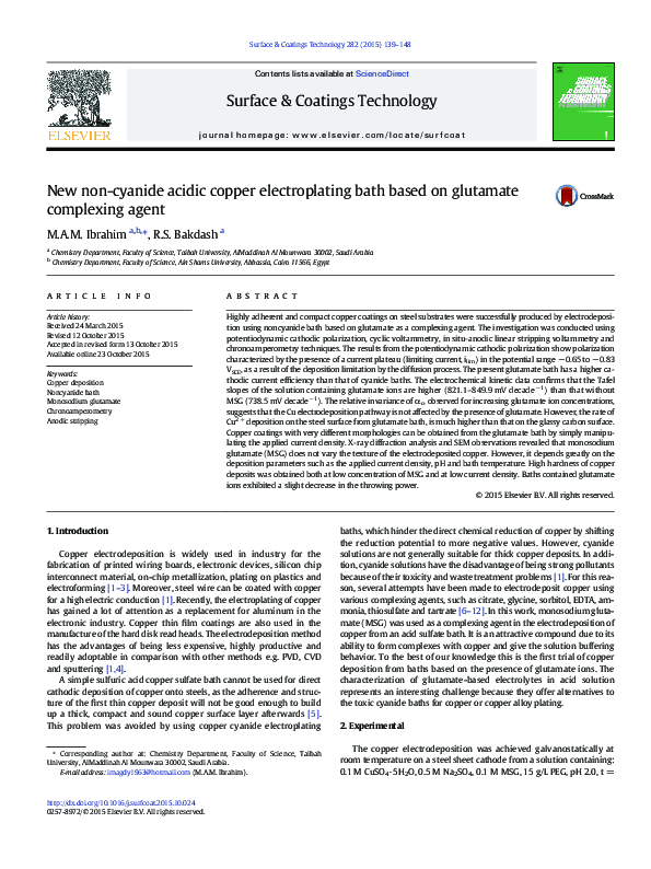 (PDF) New noncyanide acidic copper electroplating bath based on