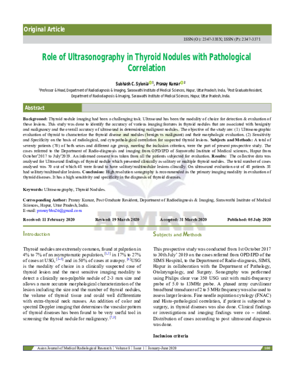 (PDF) Role of Ultrasonography in Thyroid Nodules with Pathological ...