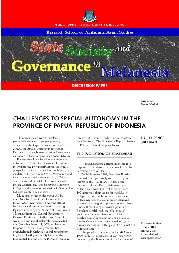 (PDF) Challenges to special autonomy in the province of Papua, Republic ...