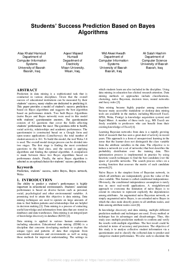 (PDF) Studentss Success Prediction Based on Bayes Algorithms