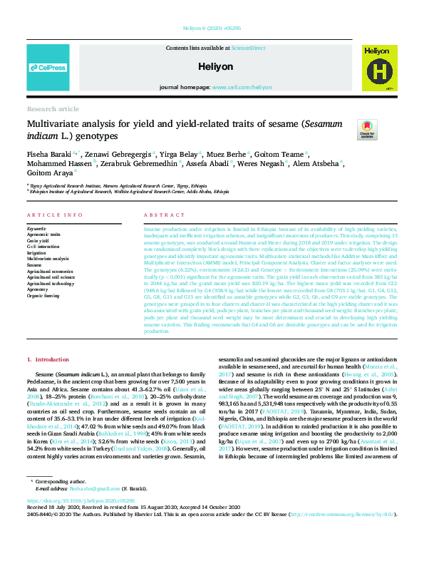 (PDF) Multivariate analysis for yield and yield-related traits of ...