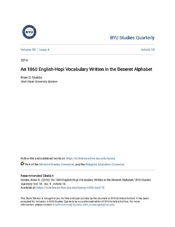 (PDF) An 1860 English-Hopi Vocabulary Written in the Deseret Alphabet