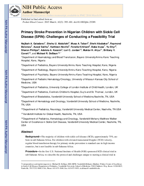 (PDF) Primary stroke prevention in Nigerian children with sickle cell ...