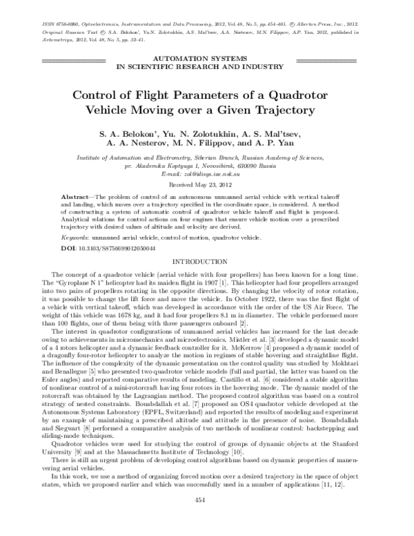 (PDF) Control of flight parameters of a quadrotor vehicle moving over a ...