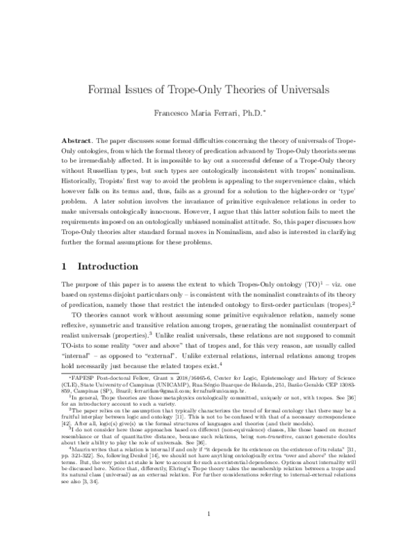 (PDF) Formal Issues of Trope-Only Theories of Universals [Pre-print]