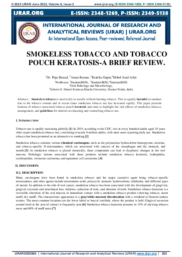 (PDF) SMOKELESS TOBACCO AND TOBACCO POUCH KERATOSISA BRIEF REVIEW