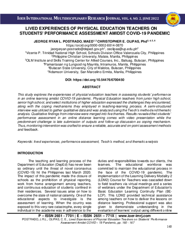 (PDF) LIVED EXPERIENCES OF PHYSICAL EDUCATION TEACHERS ON STUDENTS ...