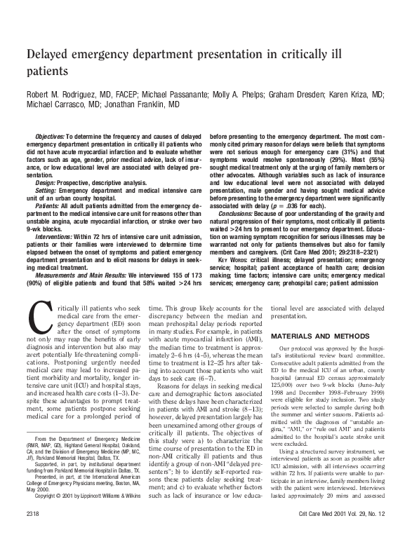 (PDF) Delayed emergency department presentation in critically ill patients