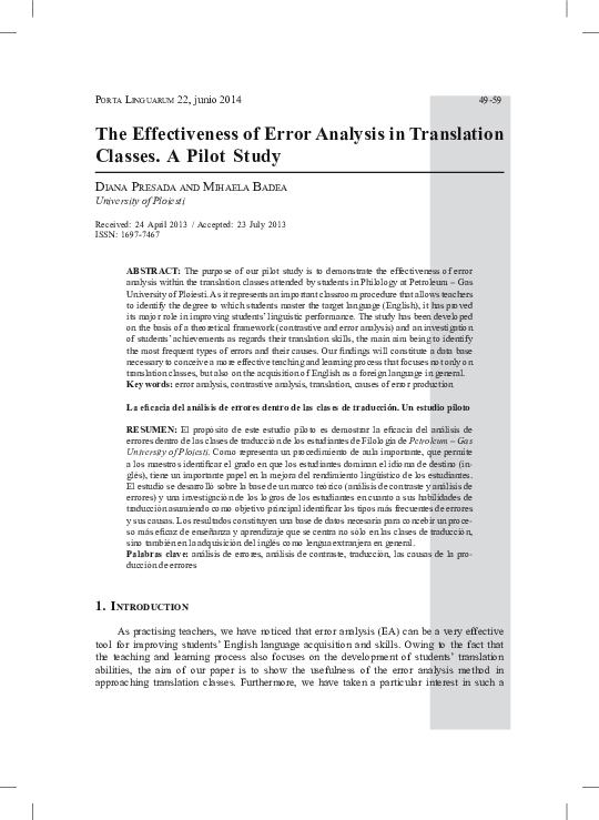 (PDF) The Effectiveness of Error Analysis in Translation Classes. A ...