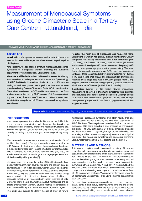 (PDF) Measurement of Menopausal Symptoms using Greene Climacteric Scale