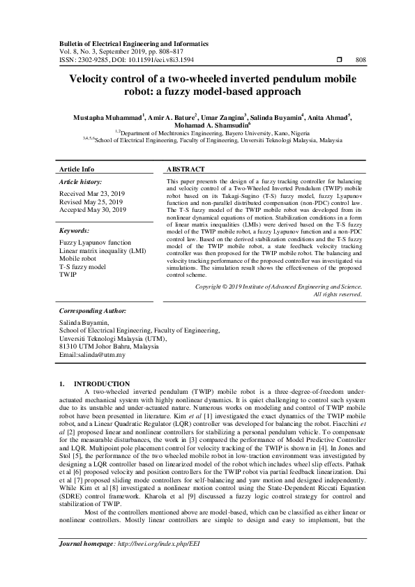 (PDF) Velocity control of a two-wheeled inverted pendulum mobile robot ...