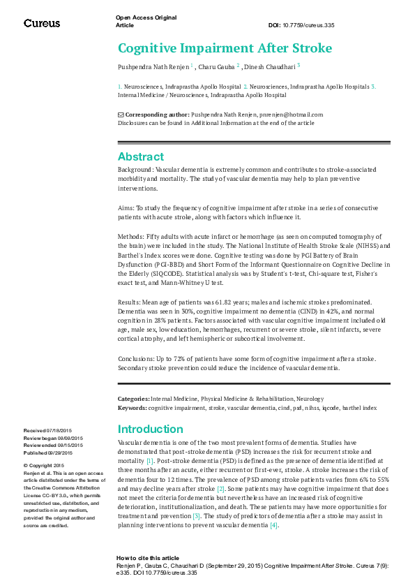 (PDF) Cognitive Impairment After Stroke