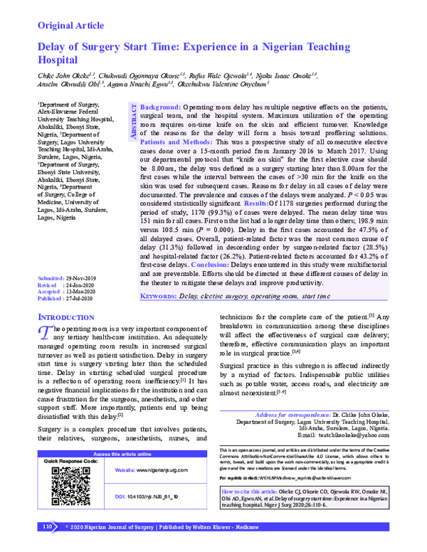 (PDF) Delay of Surgery Start Time: Experience in a Nigerian Teaching ...