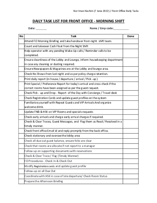 (PDF) DAILY TASK LIST FOR FRONT OFFICE VER 1 Nur Iman Hashim